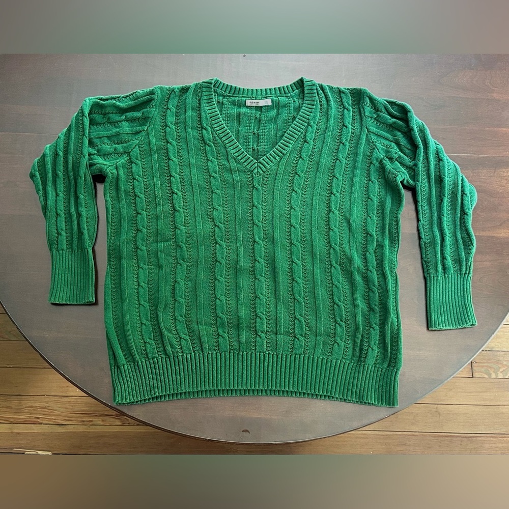 Green Cable-Knit Deep V-Neck Sweater